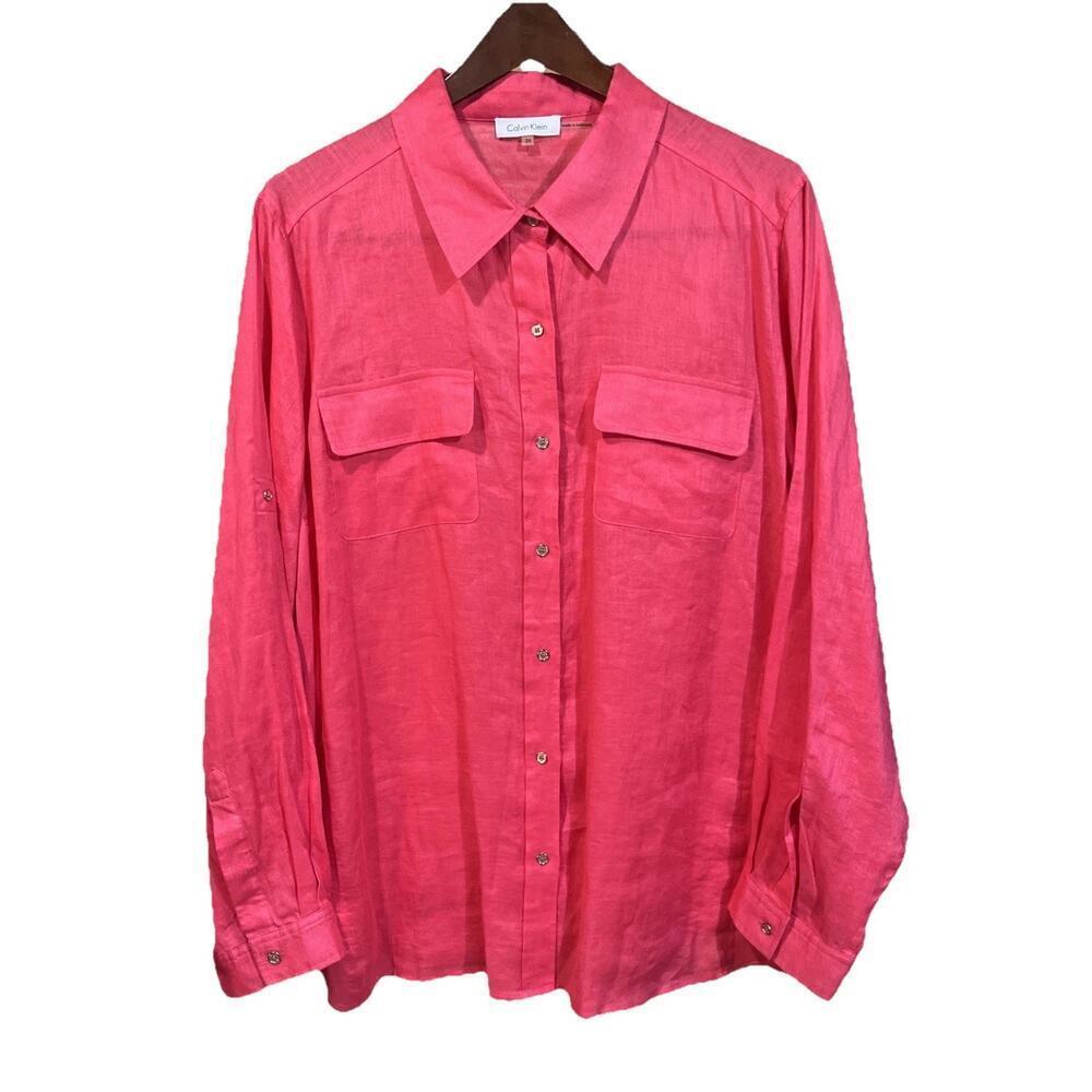 Calvin Klein 100% Linen Shirt Womens 2X Coral Orange Minimalist Beachy Coastal